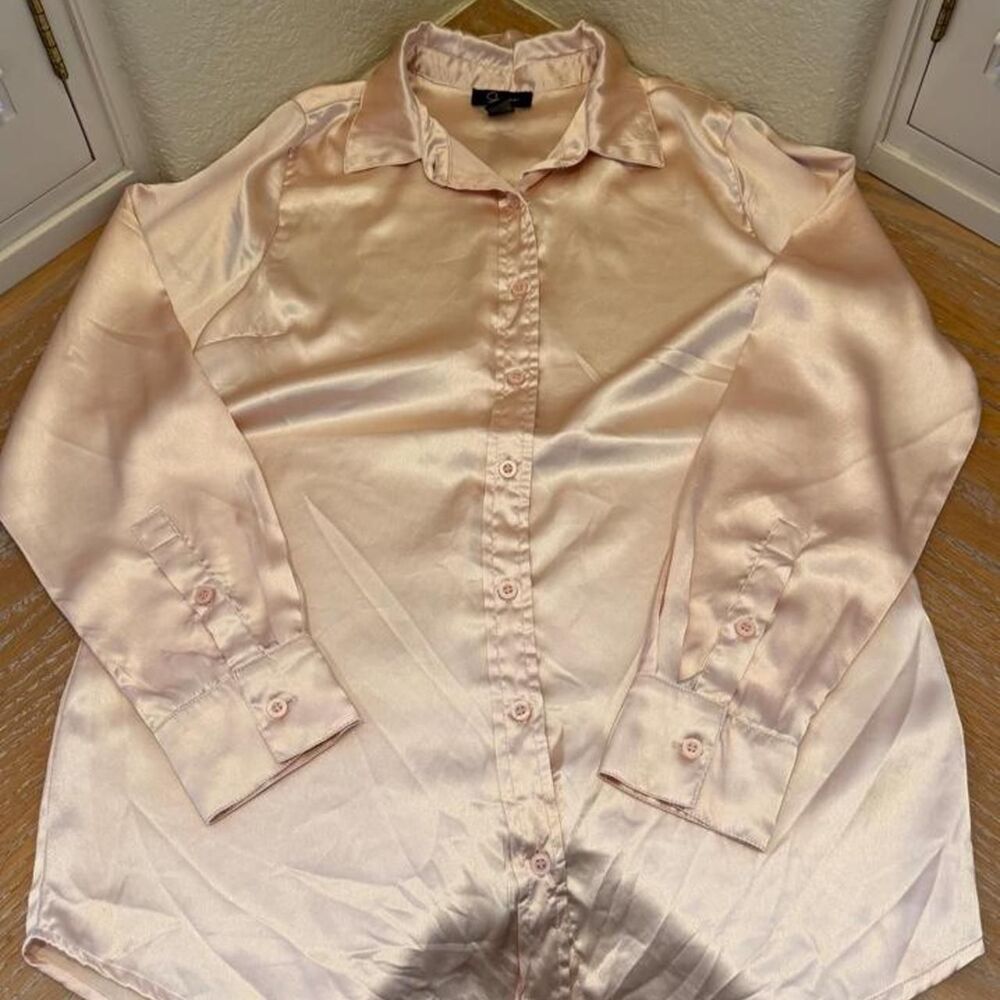 Japna Light Pink Satin Button Up Blouse Long Sleeve Shirt